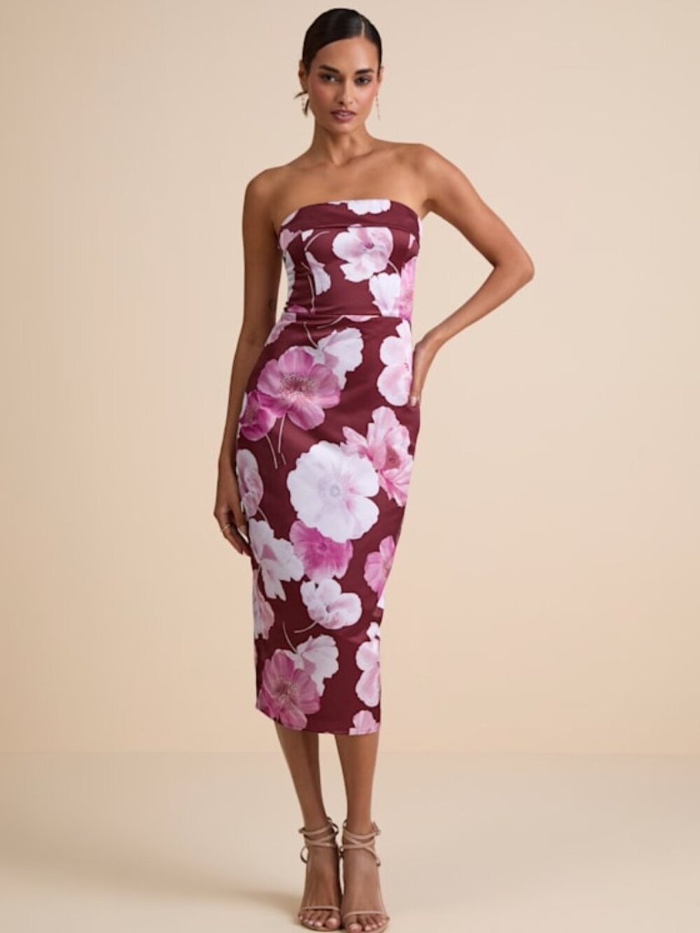 Lulus Oriana Burgundy Floral Satin Strapless Midi Dress Red - Size M